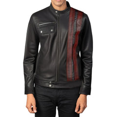 Black Biker Stripes Style Leather Jacket