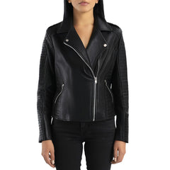 Black Biker Style Bold Lined Leather Jacket