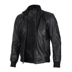 Black Cowhide Leather Bomber Jacket