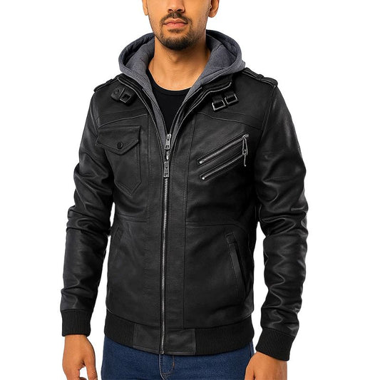 Black Bomber Hooded Leather Jacket