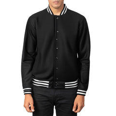 Black Bomber Style Rib Knitted Varsity Jacket