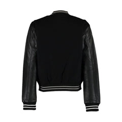 Black Bomber Style Rib Knitted Leather Jacket