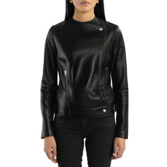 Black Collar Less Genuine Leather Jacket