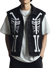 Black Denim Vest With Skeleton Design