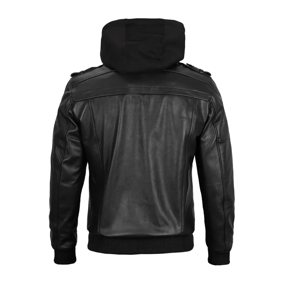 Black Leather Jacket with Removable Hoodie