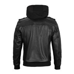 Black Leather Jacket with Removable Hoodie