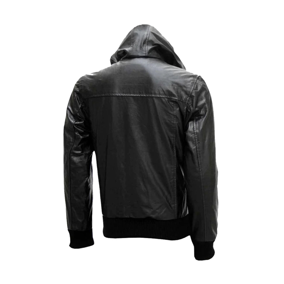 Black Bomber Hooded Style Leather Jacket