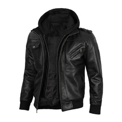 Black Leather Jacket with Removable Hoodie