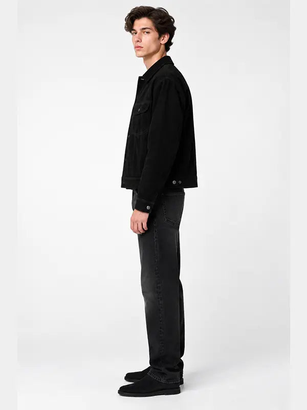 Men's black suede trucker jacket with snap buttons and chest flap pockets