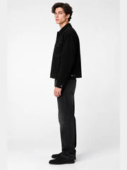 Men's black suede trucker jacket with snap buttons and chest flap pockets