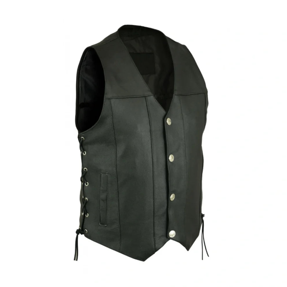 Black Biker Style Side Laced Up Leather vest