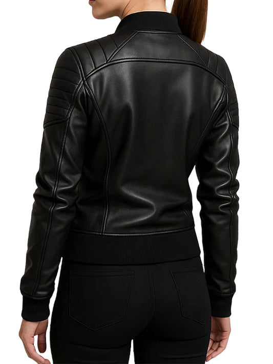 Black Leather Bomber Jacket for women