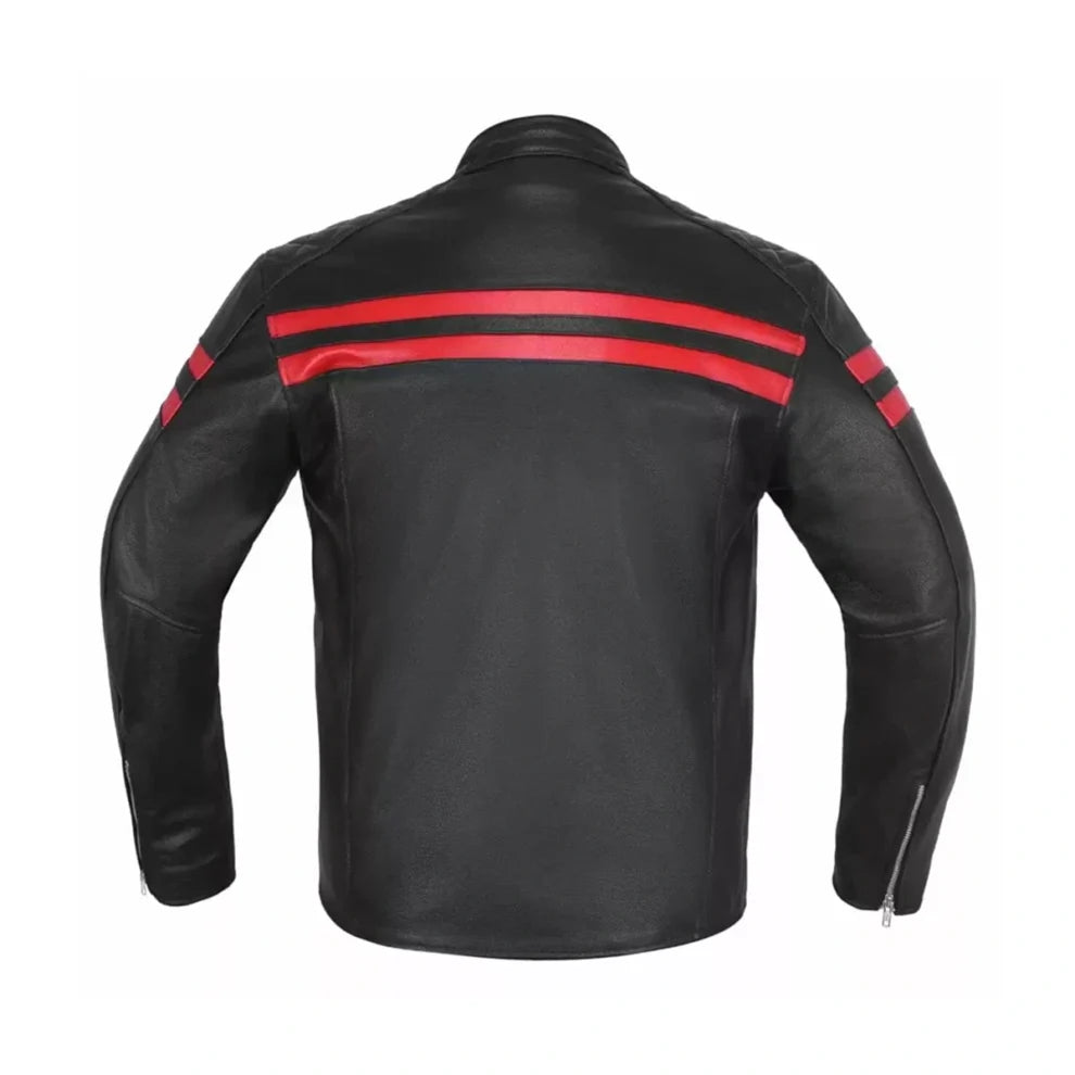 Cafe Racer Red Stripes Black Leather Jacket