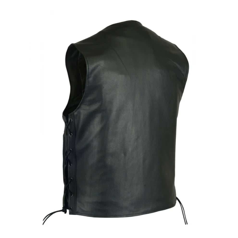 Black Side Lece Up Biker Genuine Leather Vest