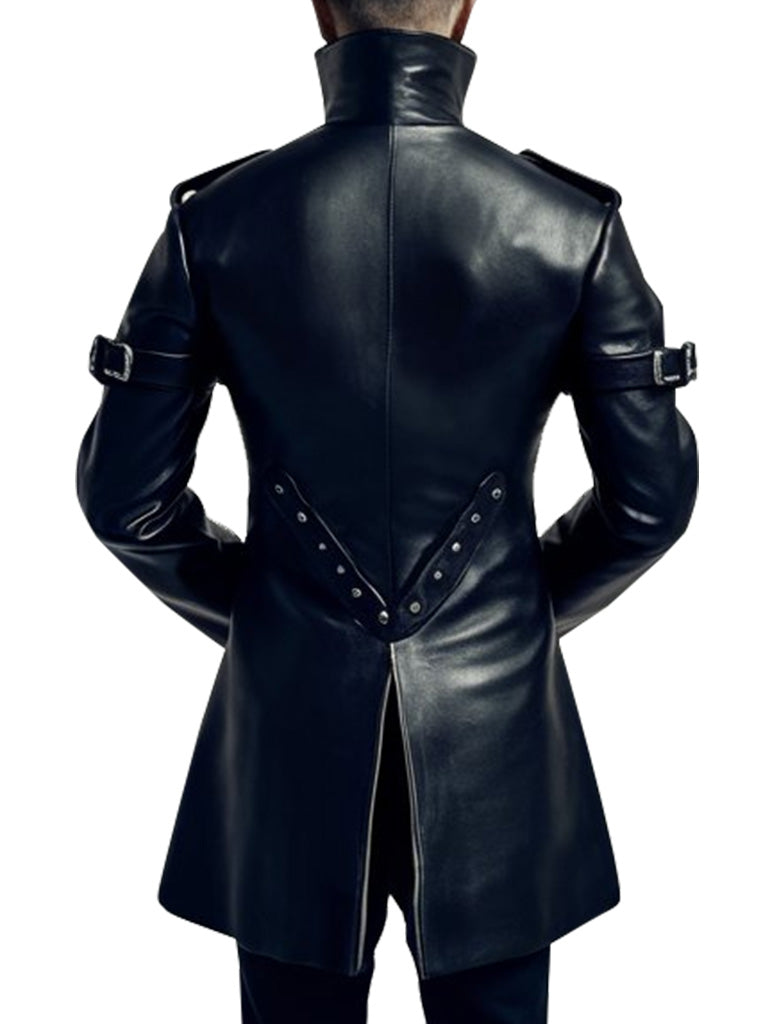 Black Military Style Leather Coat With Ornate Silver Buttons