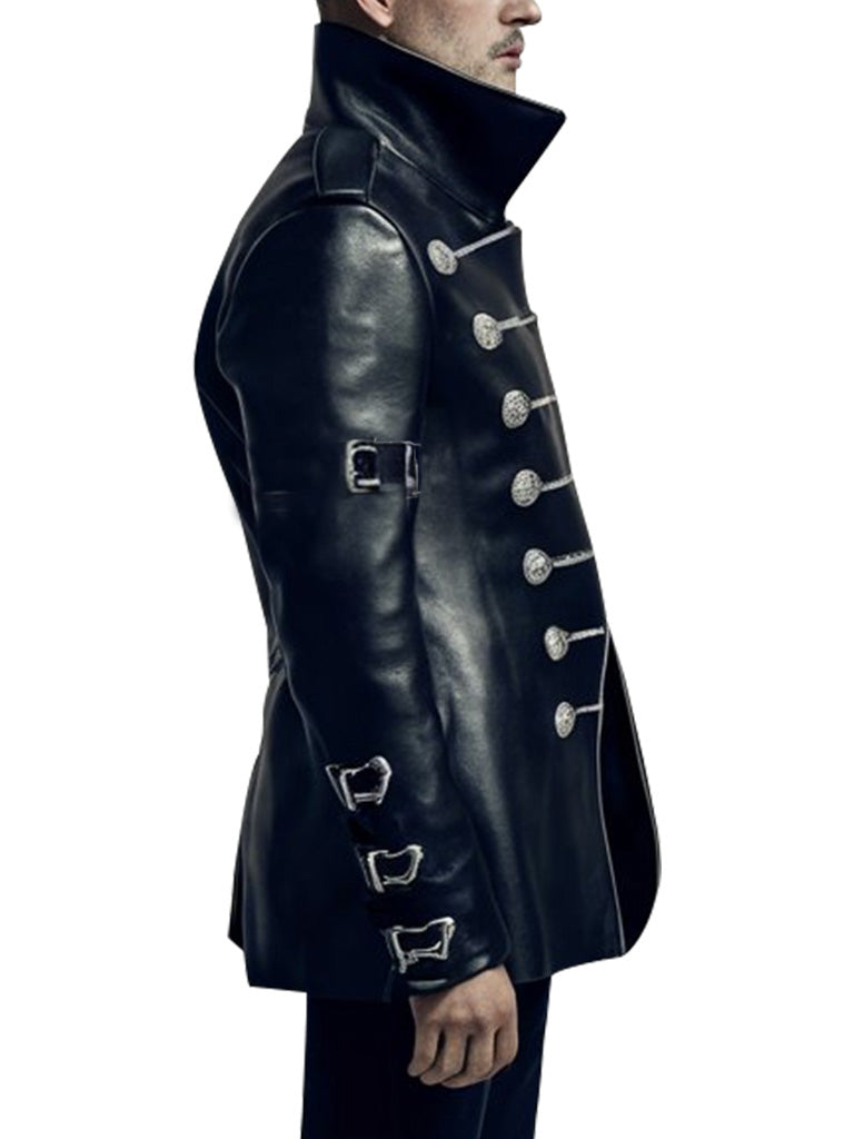 Black Military Style Leather Coat With Ornate Silver Buttons