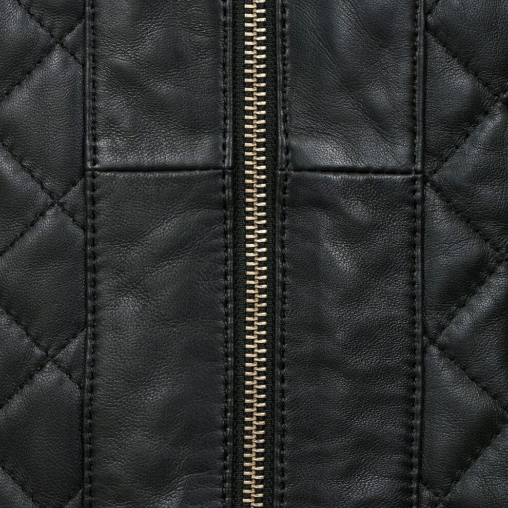 Collarless Black Quilted Leather Jacket