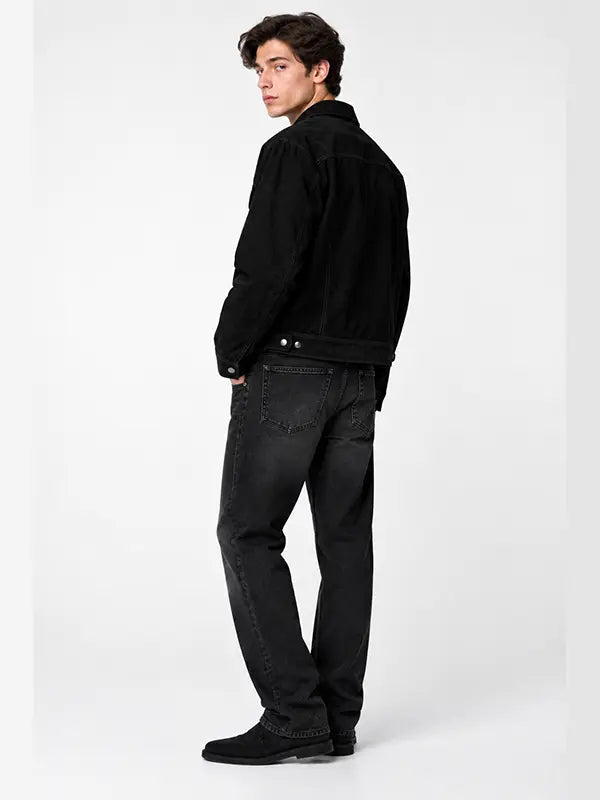 Men's black suede trucker jacket with snap buttons and chest flap pockets