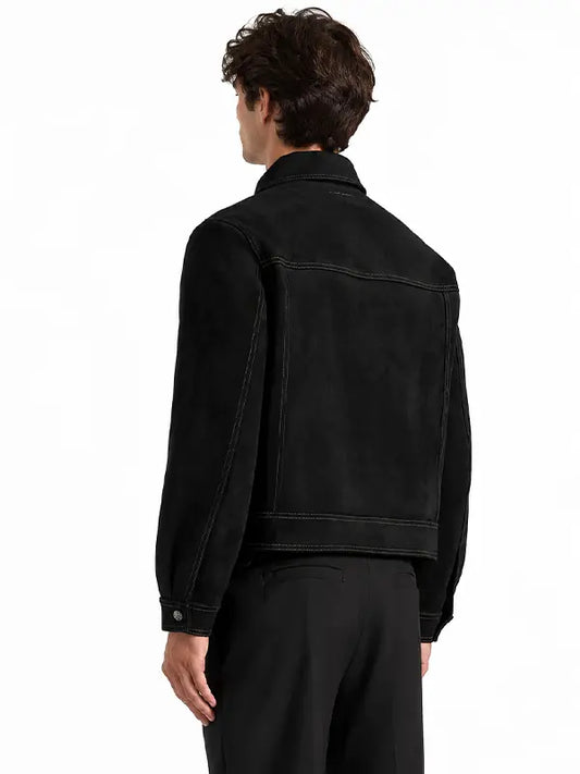 Back view of men's black suede-style jacket featuring contrast stitching and structured panel detailing.