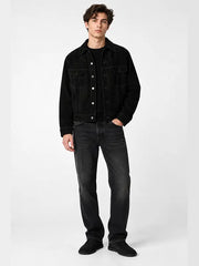 Men's black suede trucker jacket with snap buttons and chest flap pockets