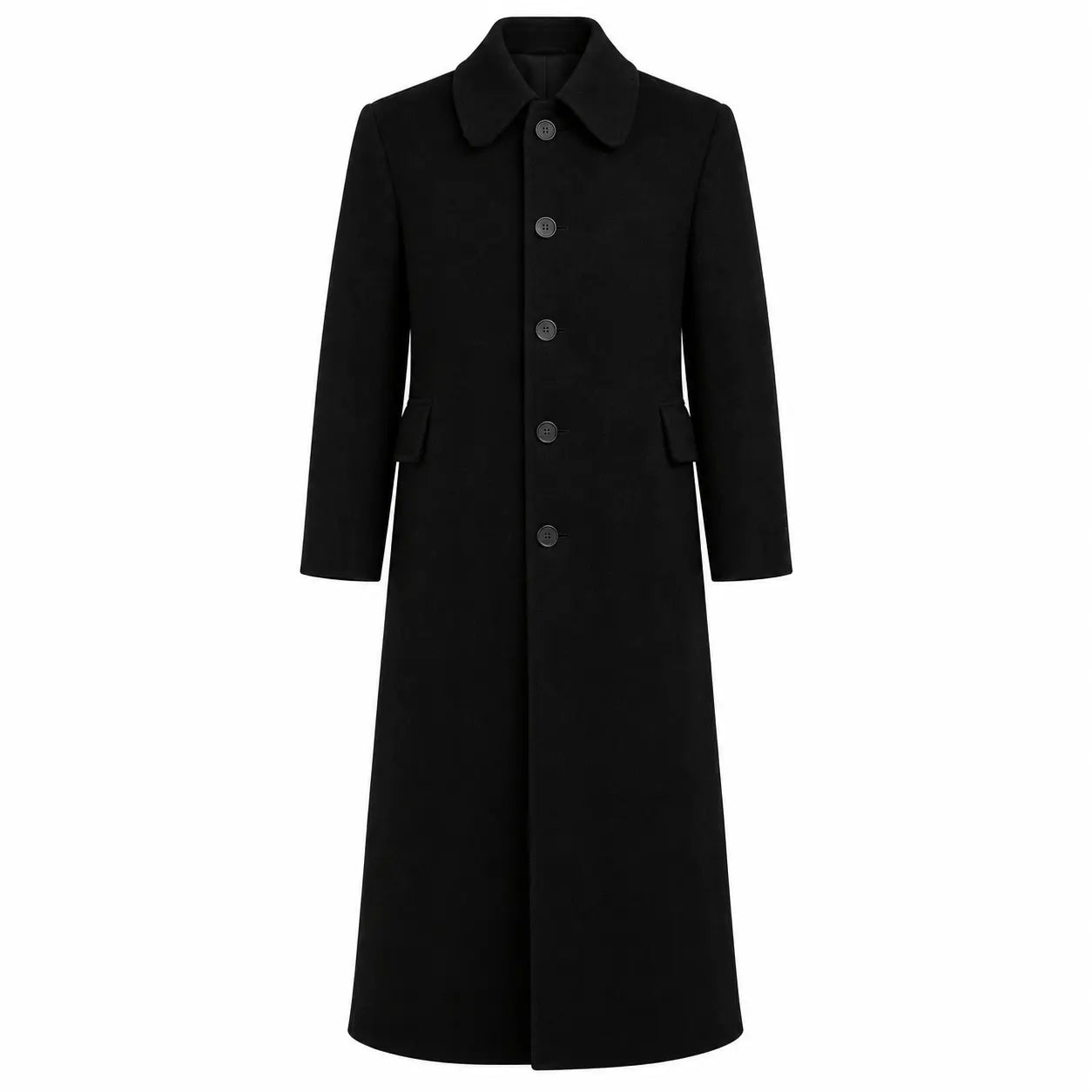 Men's black wool long coat vintage tailored overcoat on male model