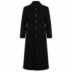 Men's black wool long coat vintage tailored overcoat on male model