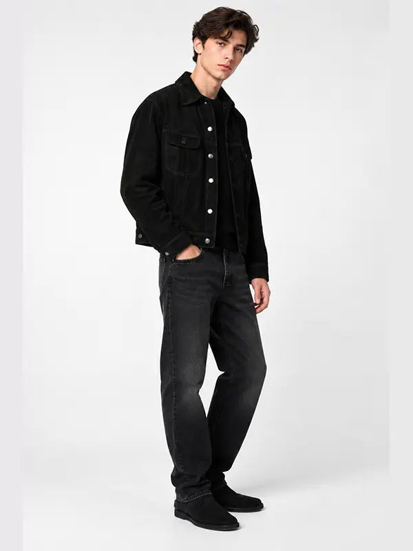 Men's black suede trucker jacket with snap buttons and chest flap pockets