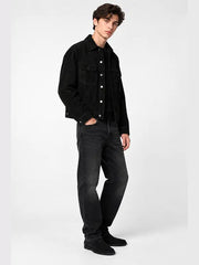 Men's black suede trucker jacket with snap buttons and chest flap pockets