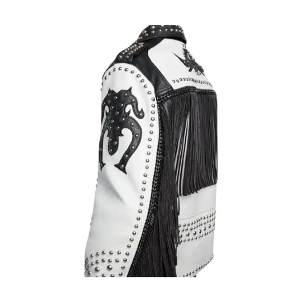 White Leather Studded Motorcycle Jacket