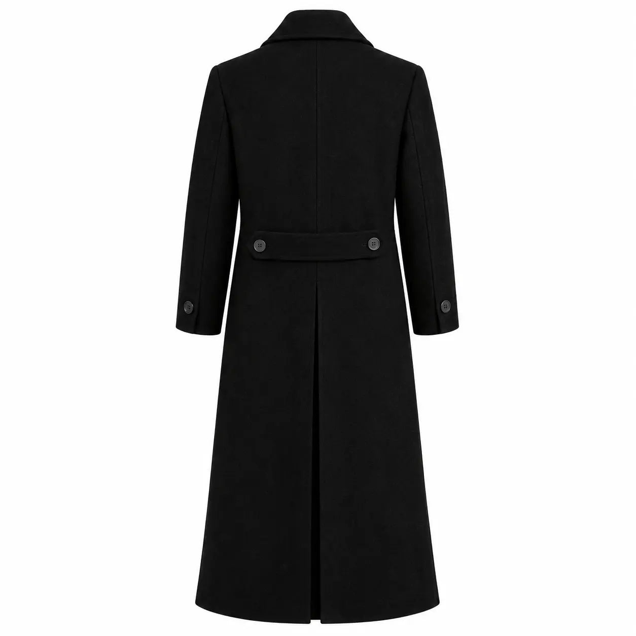 Men's black wool long coat vintage tailored overcoat on male model