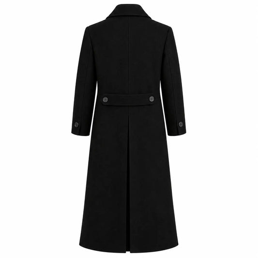 Men's black wool long coat vintage tailored overcoat on male model