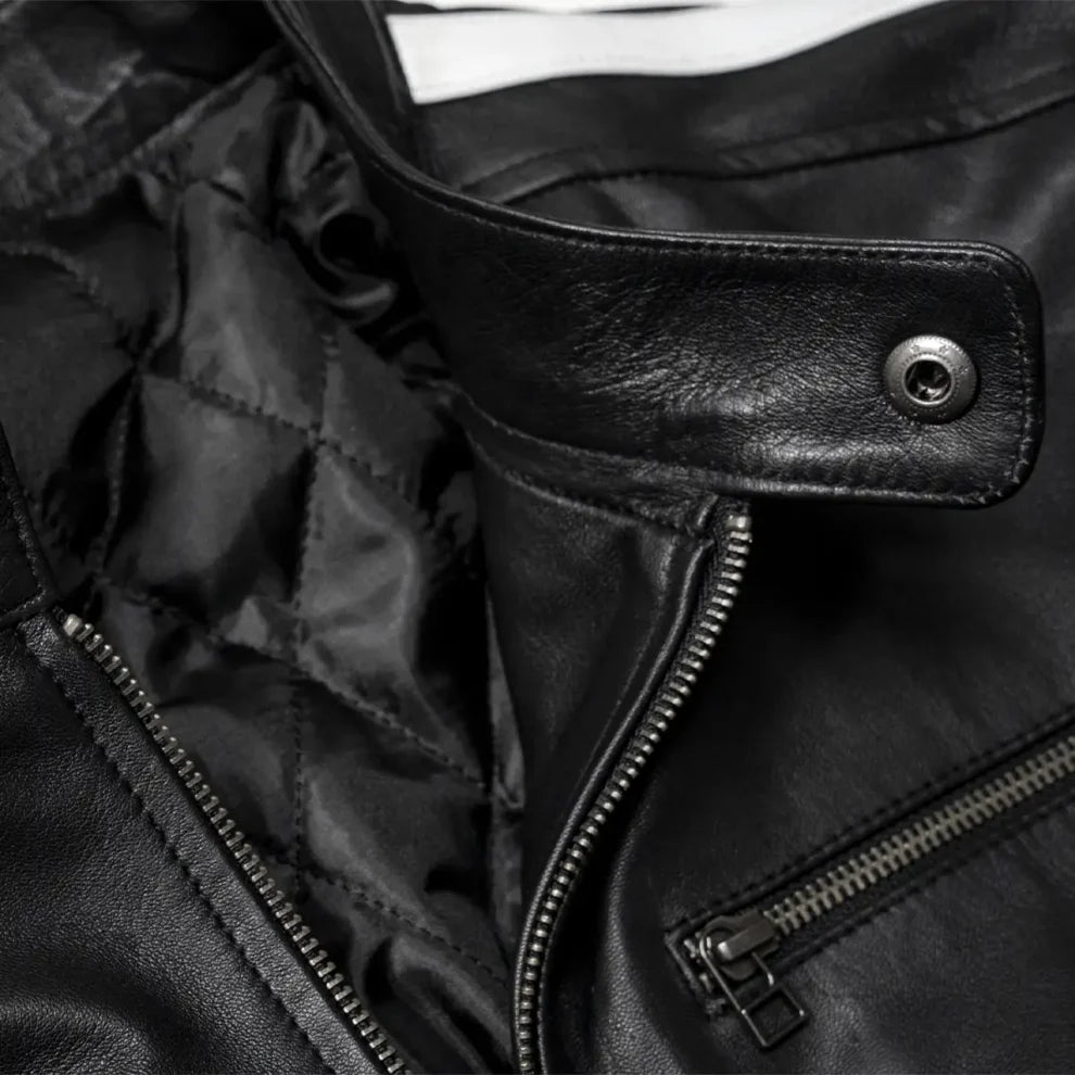 White Stripes Black Biker Leather Jacket