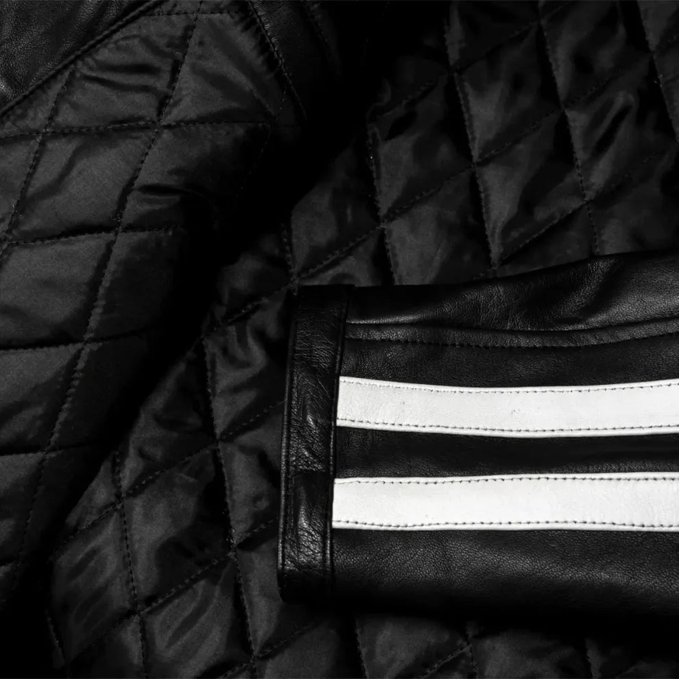 White Stripes Black Biker Leather Jacket