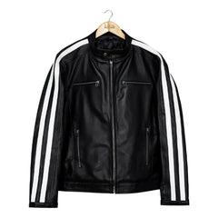 White Stripes Black Biker Leather Jacket