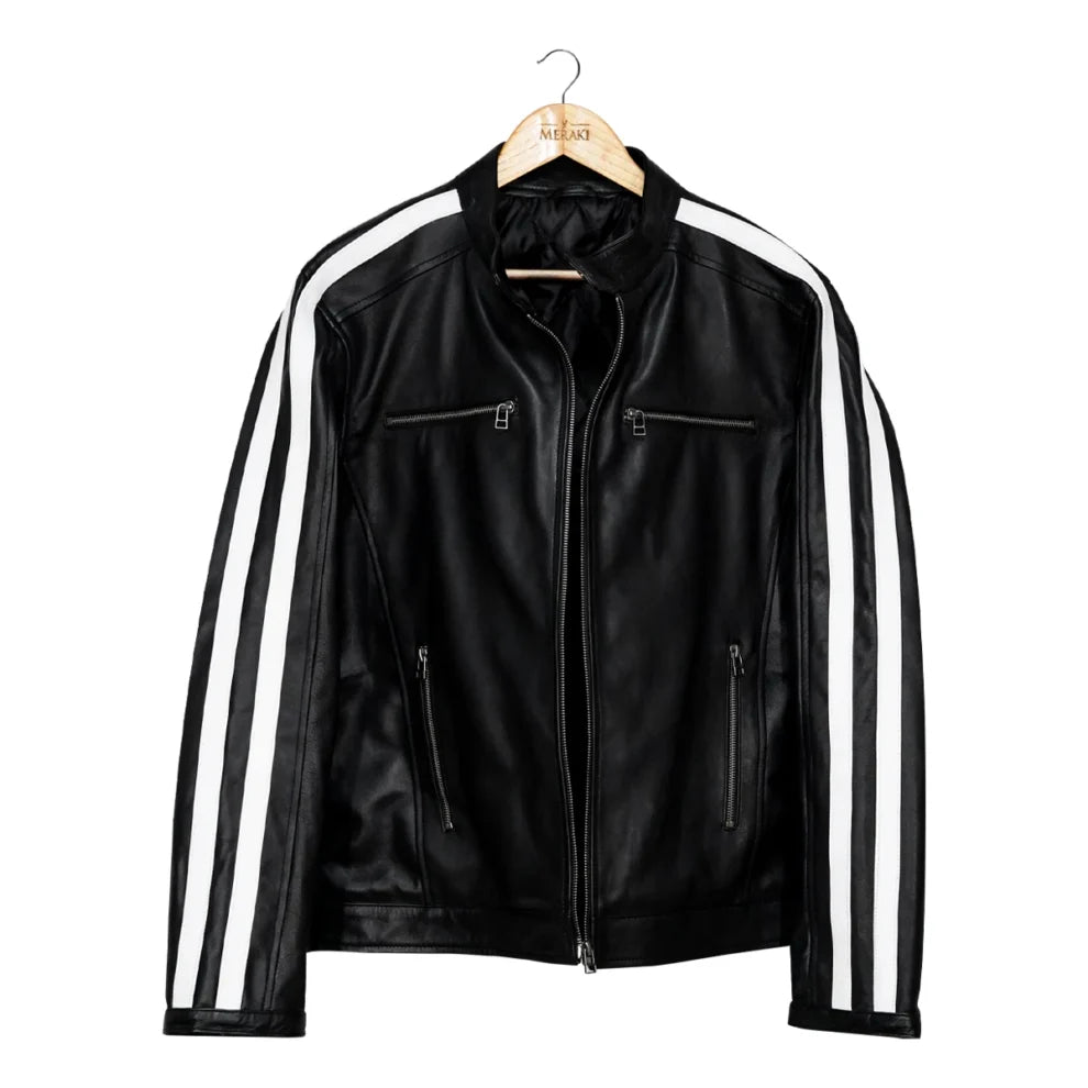 White Stripes Black Biker Leather Jacket