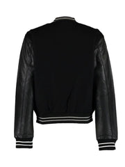 Black Bomber Style Rib Knitted Leather Jacket