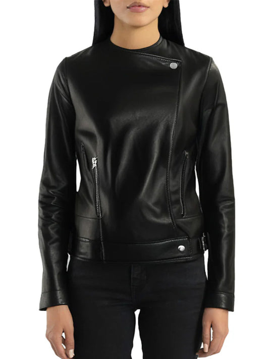 Black Collar Less Genuine Leather Jacket