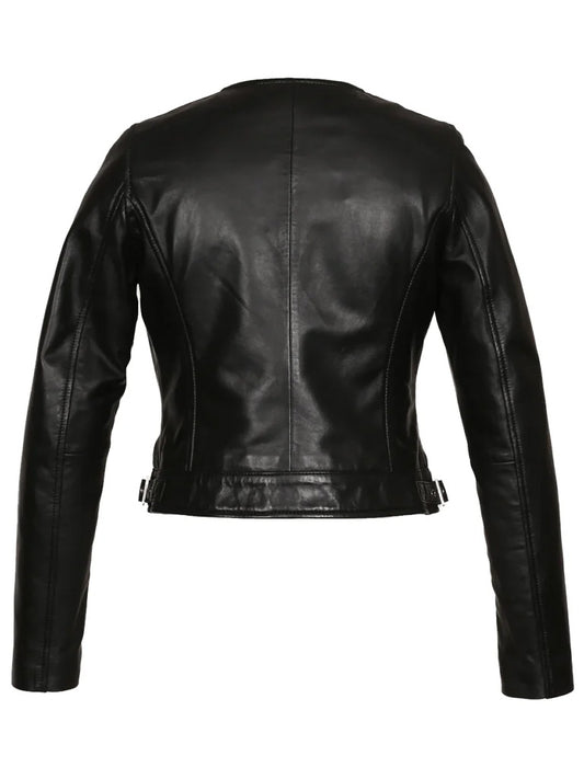 Black Collar Less Genuine Leather Jacket
