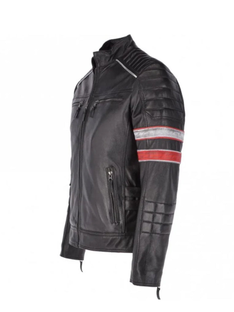 Black Stripes Biker Real Leather Jacket