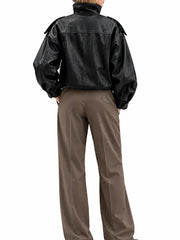 Back view of women’s black oversized biker leather jacket 