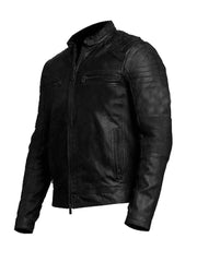 Black Leather Jacket with Band Collar