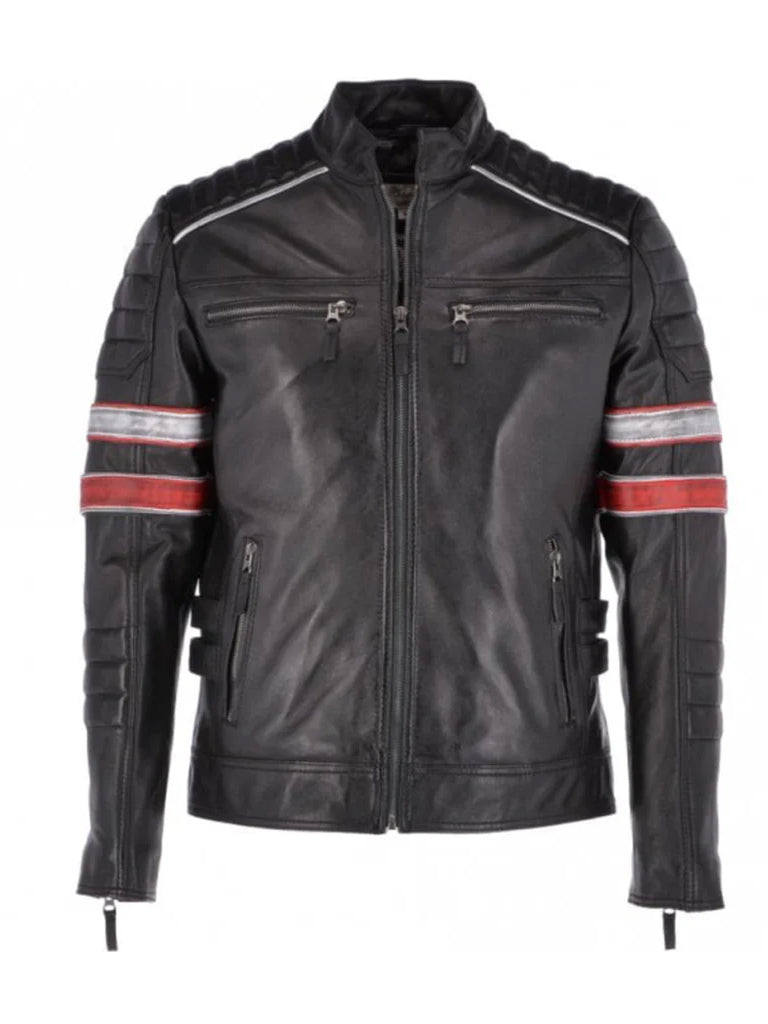 Black Stripes Biker Real Leather Jacket