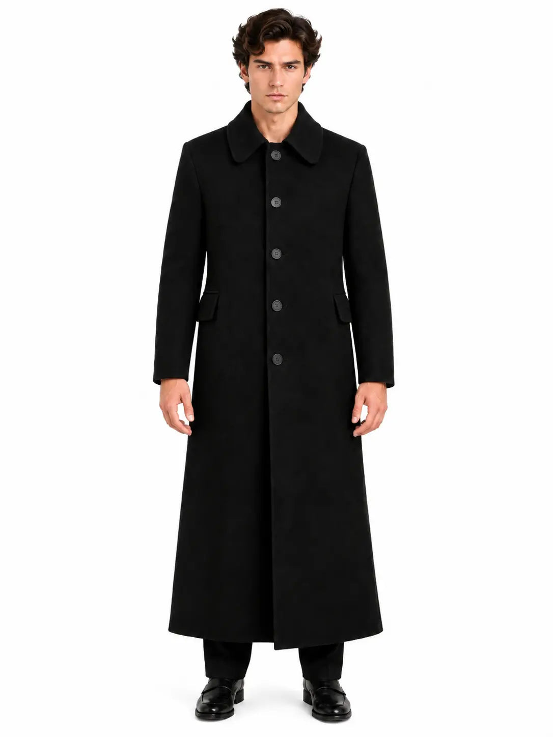 Men's black wool long coat vintage tailored overcoat on male model