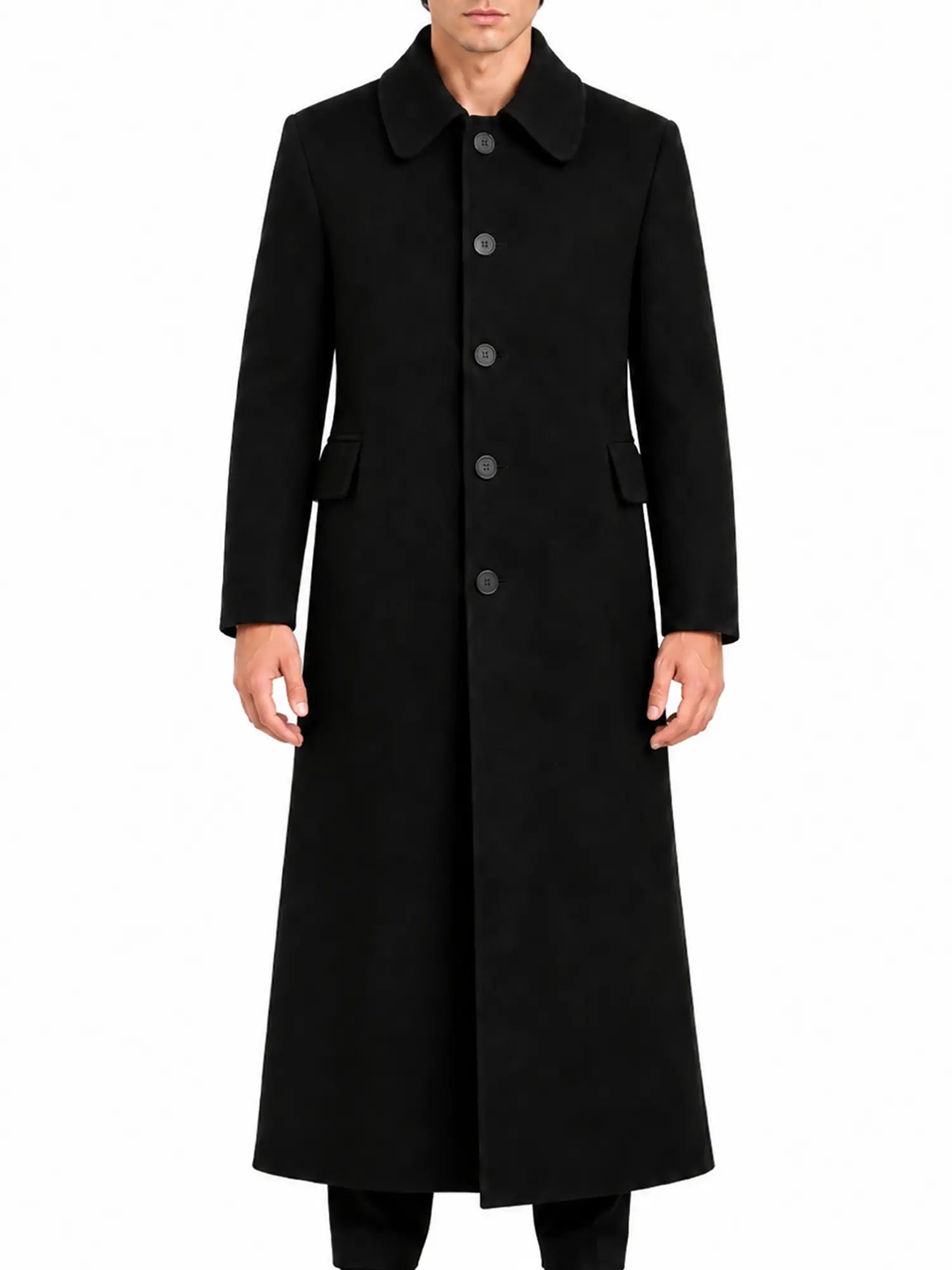 Men's black wool long coat vintage tailored overcoat on male model