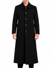 Men's black wool long coat vintage tailored overcoat on male model