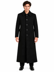 Men's black wool long coat vintage tailored overcoat on male model