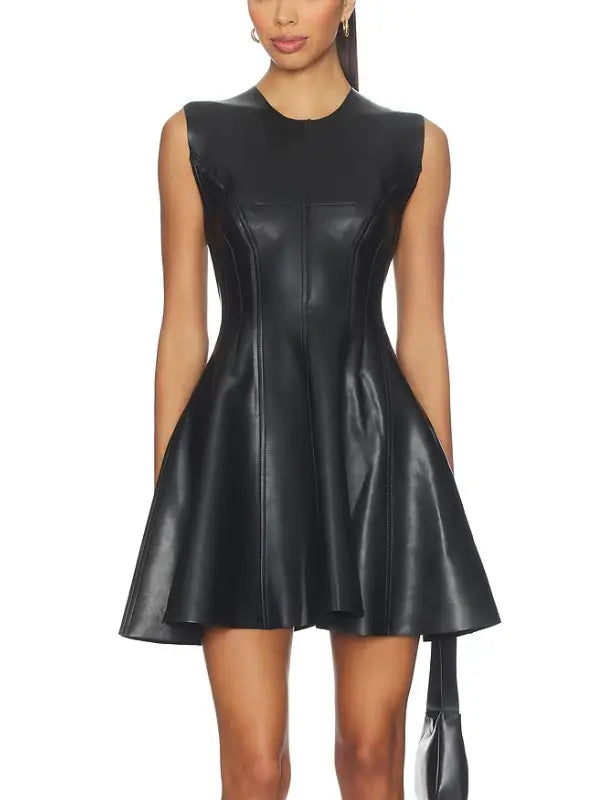 Premium Black Sleeveless Leather Fit and Flare Mini Dress