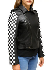 Black leather jacket with checkered sleeves 