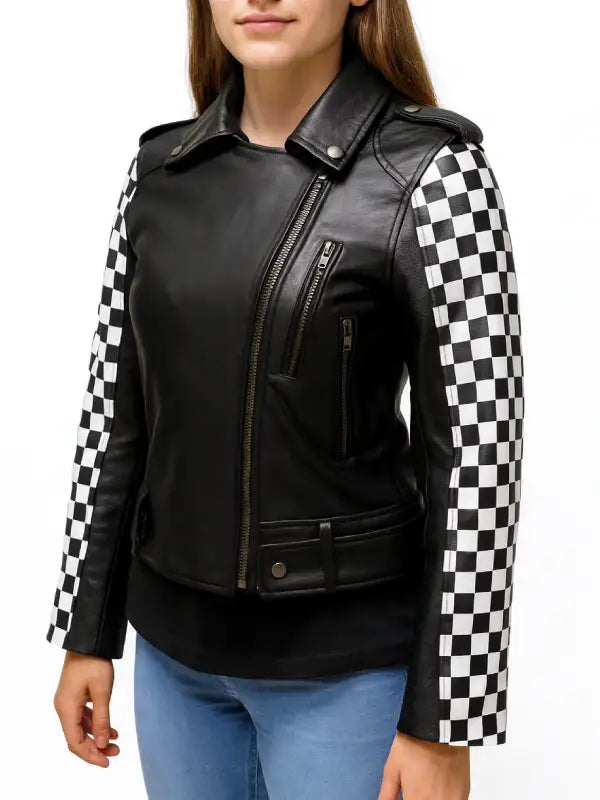 Black leather jacket with checkered sleeves 