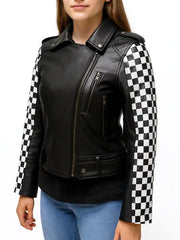 Black leather jacket with checkered sleeves 